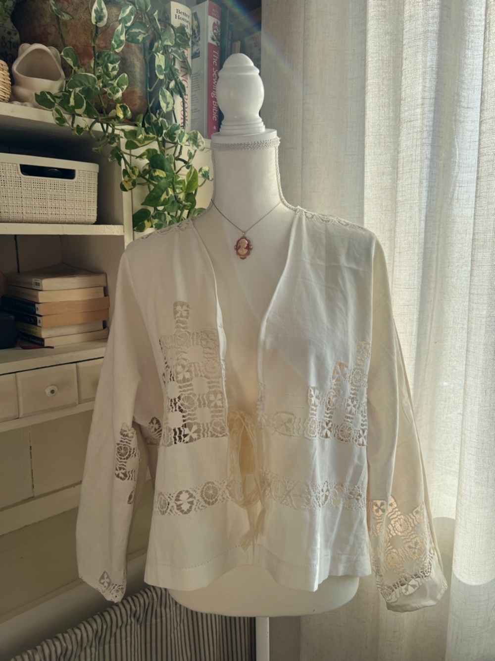 Handmade antique linens cardigan lightweight jacket tie front size small - Picture 1 of 5